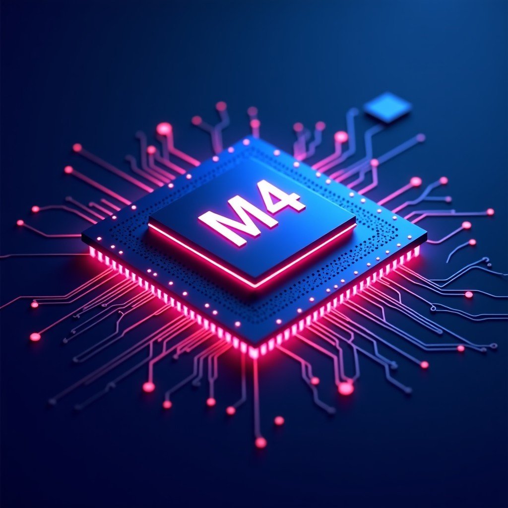 Modern technology concept illustration of a powerful computer chip labeled M4, glowing circuits, deep blue and purple background, high contrast, 1:1