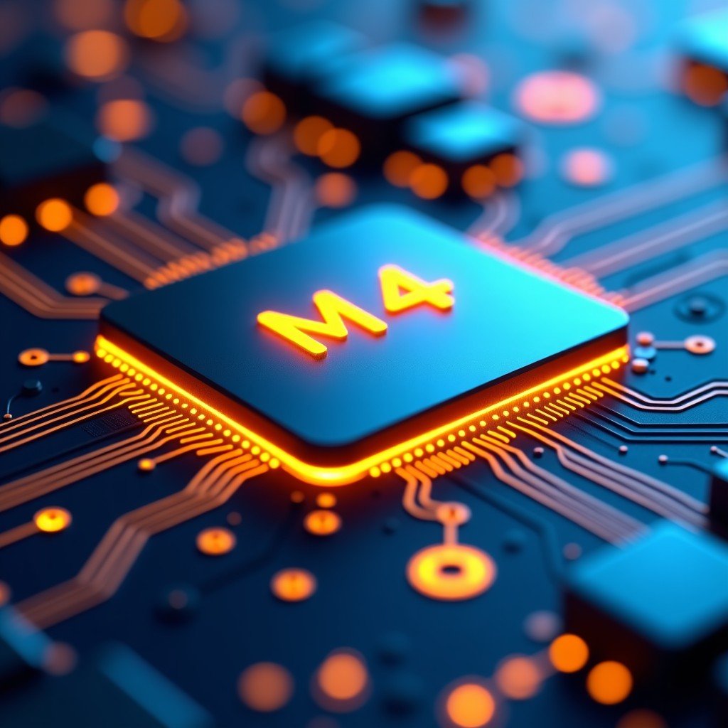 Close up shot of a futuristic computer chip with glowing circuits, M4 text visible on the chip, golden and electric blue accents, 4:3