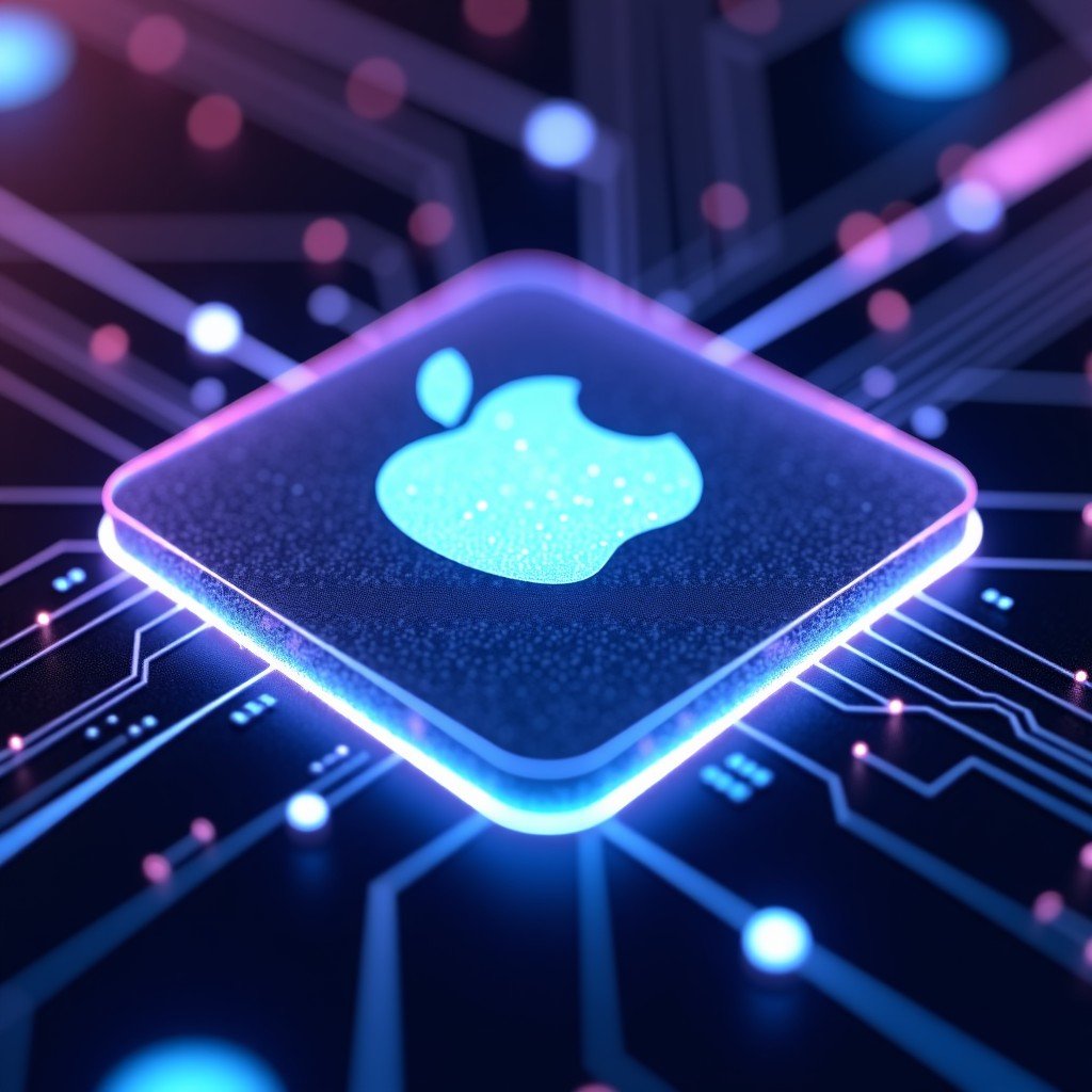 A close-up, high-tech visualization of the Apple M5 chip with glowing circuits and neural network patterns. Deep blue and purple neon lighting, futuristic and sophisticated atmosphere, professional 3D rendering. 4:3