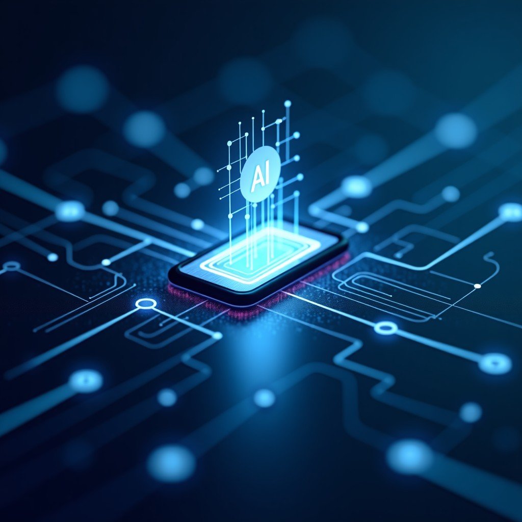 A conceptual visualization of AI data processing, glowing data streams connecting to a central smartphone icon, minimalist and clean design, professional tech aesthetic, 4:3 aspect ratio.