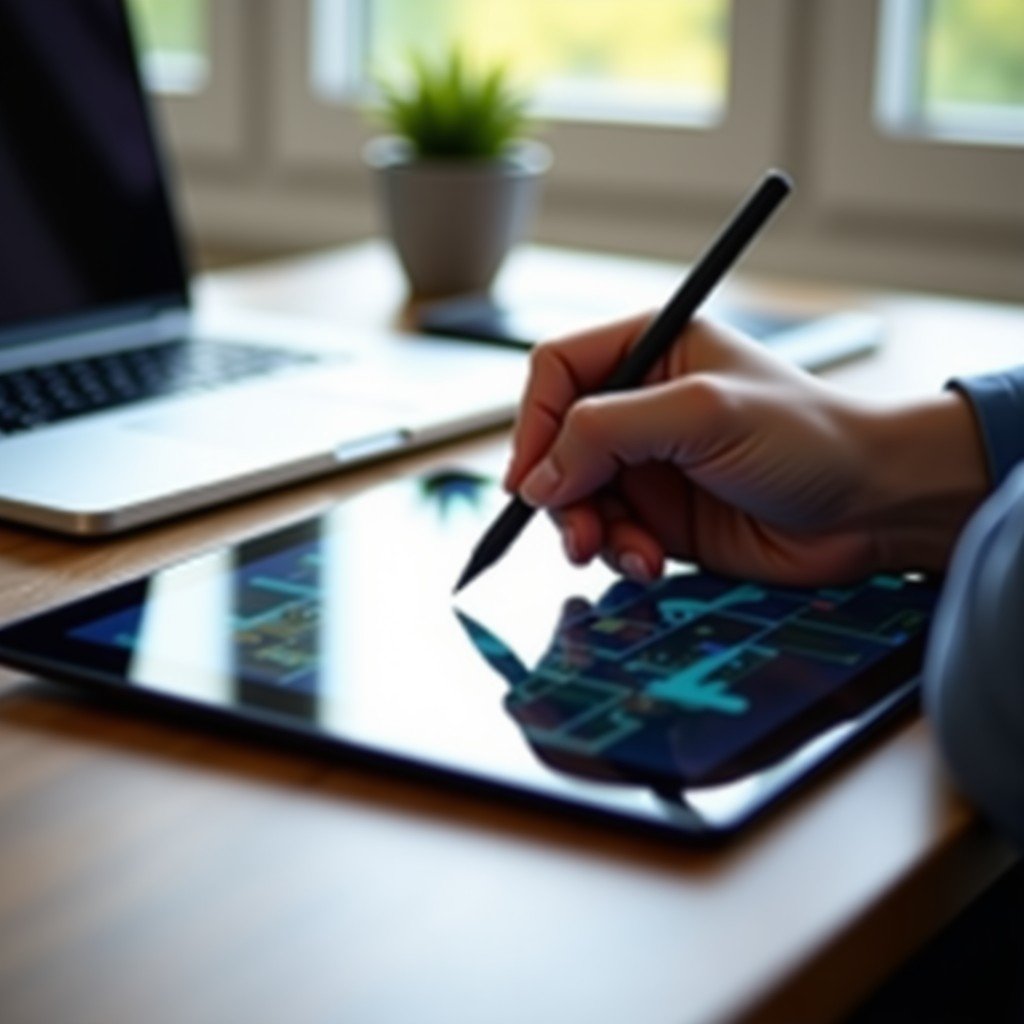 A person using a stylus on a tablet screen to edit photos with a clean workspace in the background, professional aesthetic, soft lighting, 4:3
