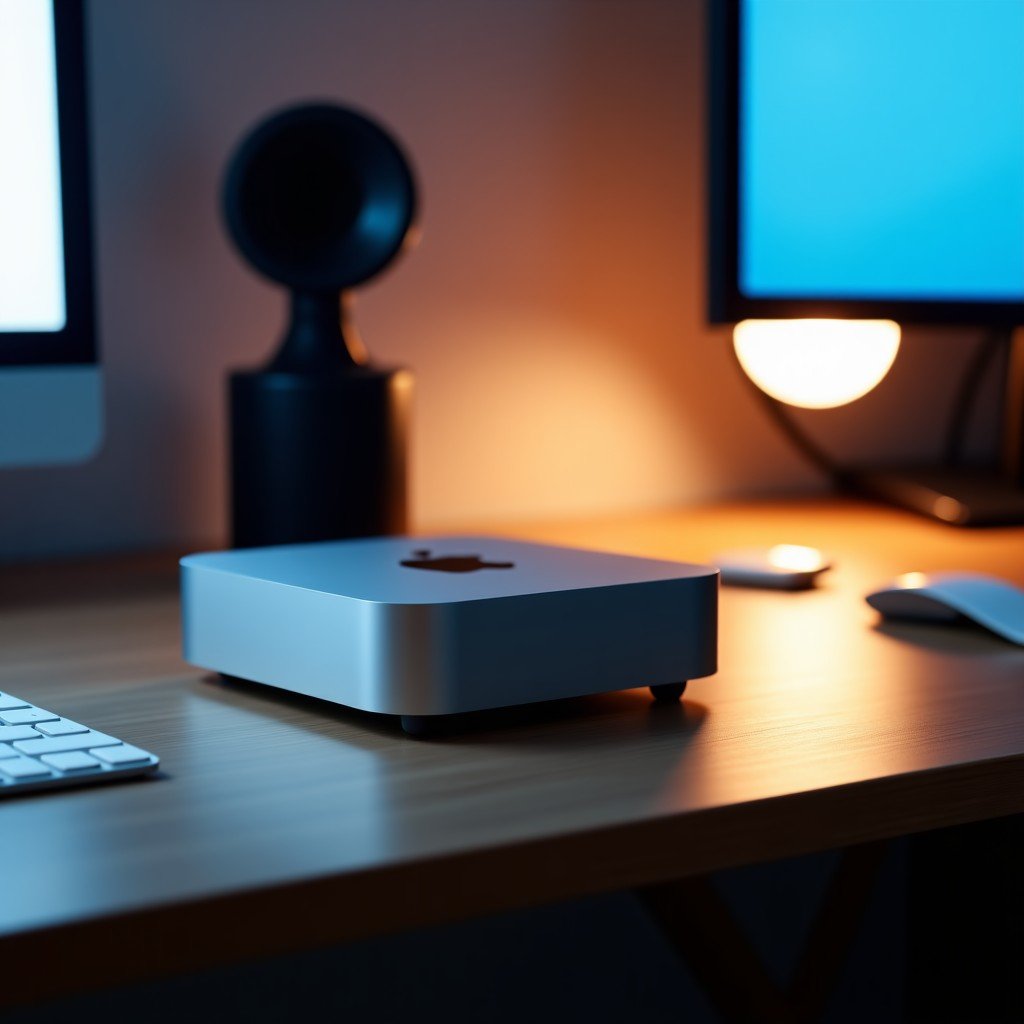 A modern, minimalist setup featuring a compact silver Mac mini on a clean wooden desk, cinematic lighting, high-tech atmosphere, 4:3 aspect ratio