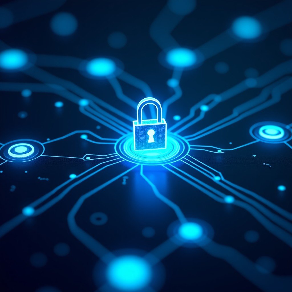 Abstract representation of secure data flow and digital safety locks in an AI system, blue and white color palette, professional tech aesthetic, 4:3 aspect ratio