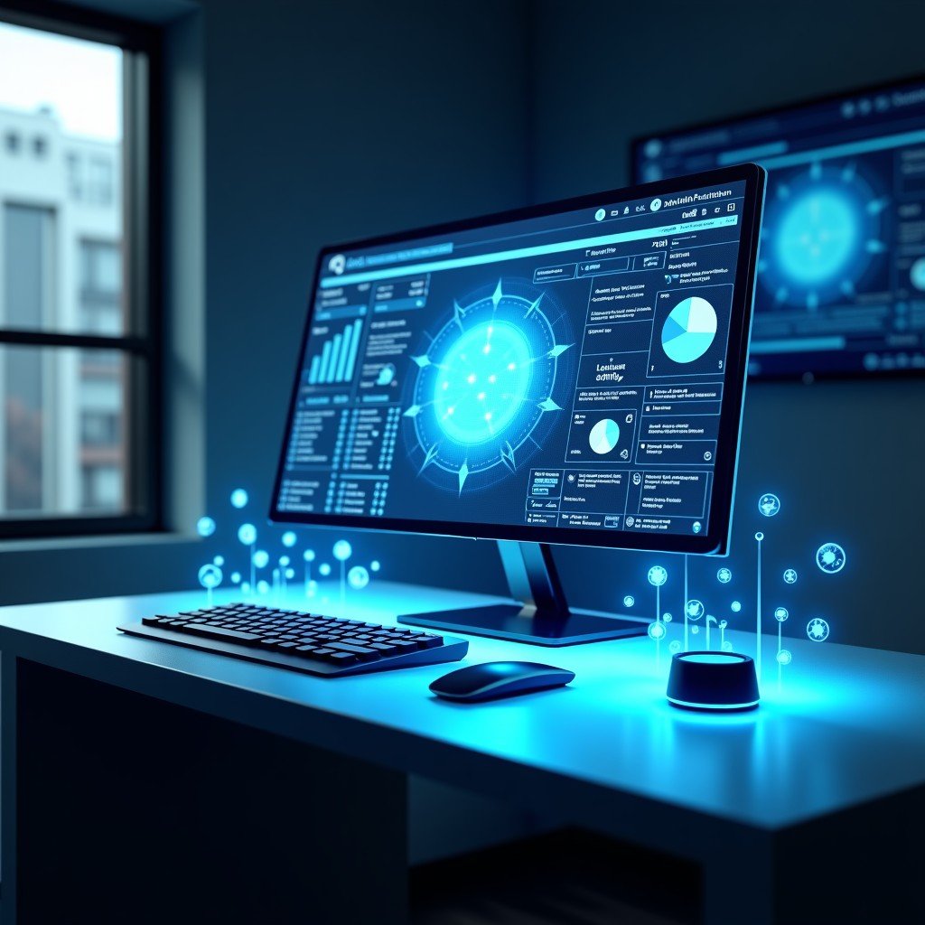 A futuristic workstation with glowing holographic UI elements, floating digital particles, professional environment, high resolution, 4:3 aspect ratio