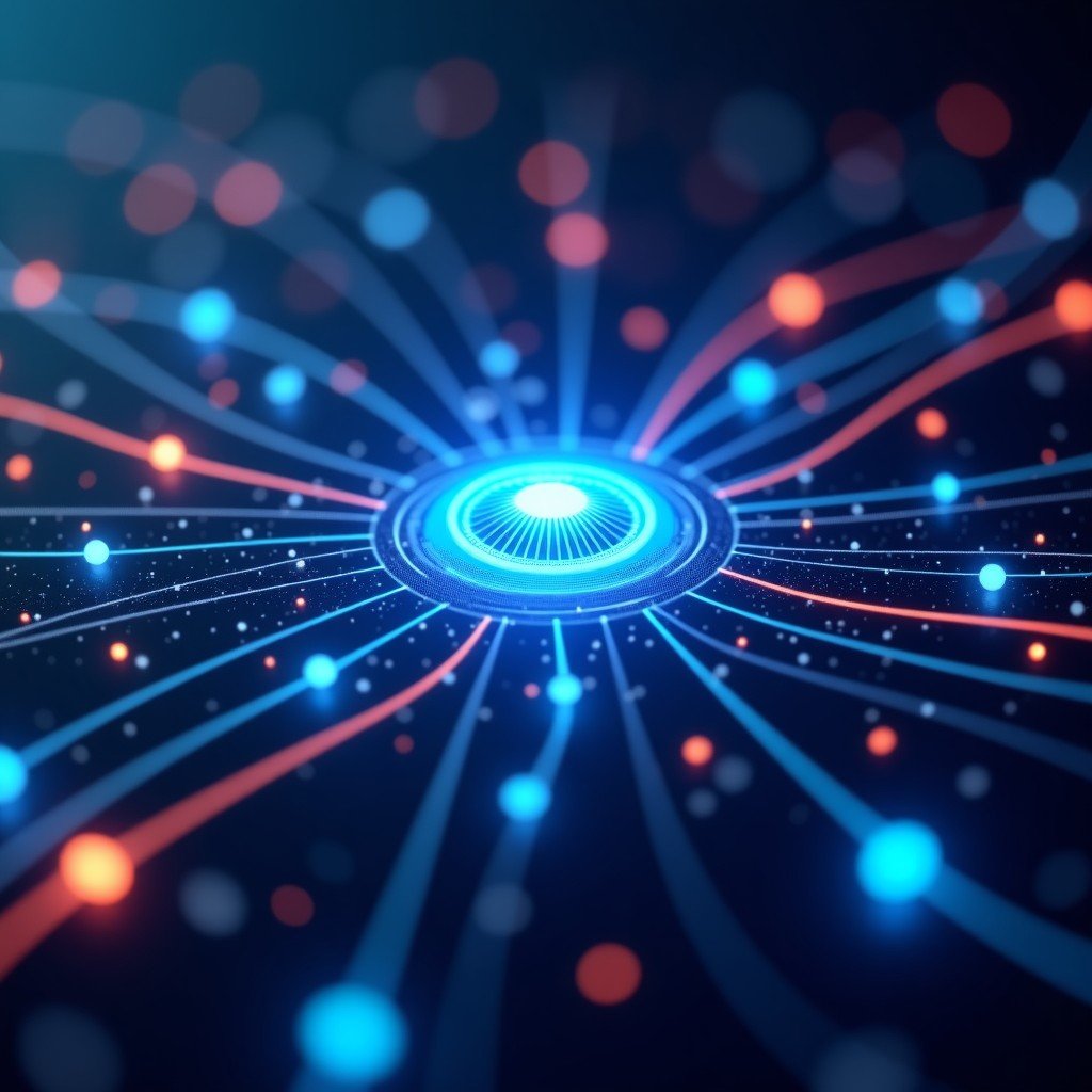 Abstract representation of latent space with interconnected data points and mathematical nodes, scientific research, neon lighting, clean composition, 1:1