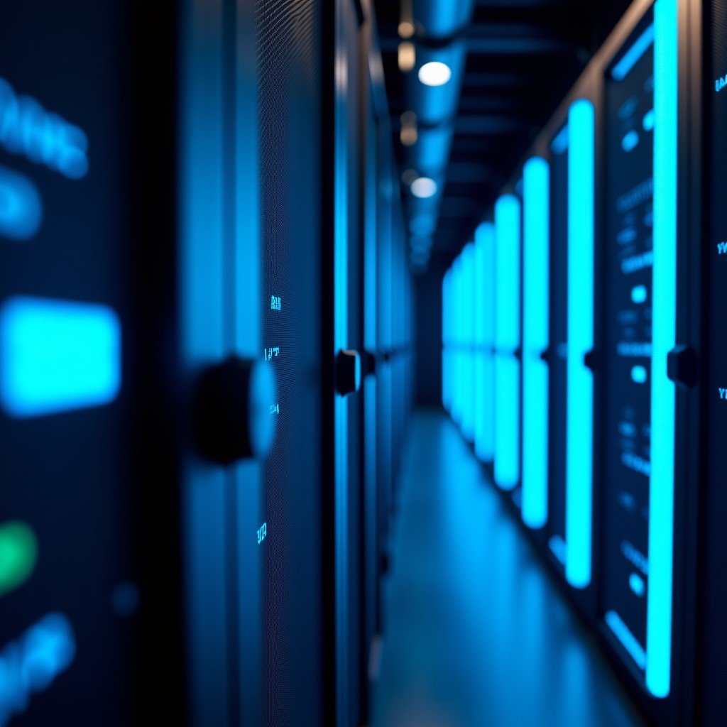 Close-up of a high-tech server room with soft blue LED lights, representing data processing speed and efficiency, cinematic lighting, 4:3
