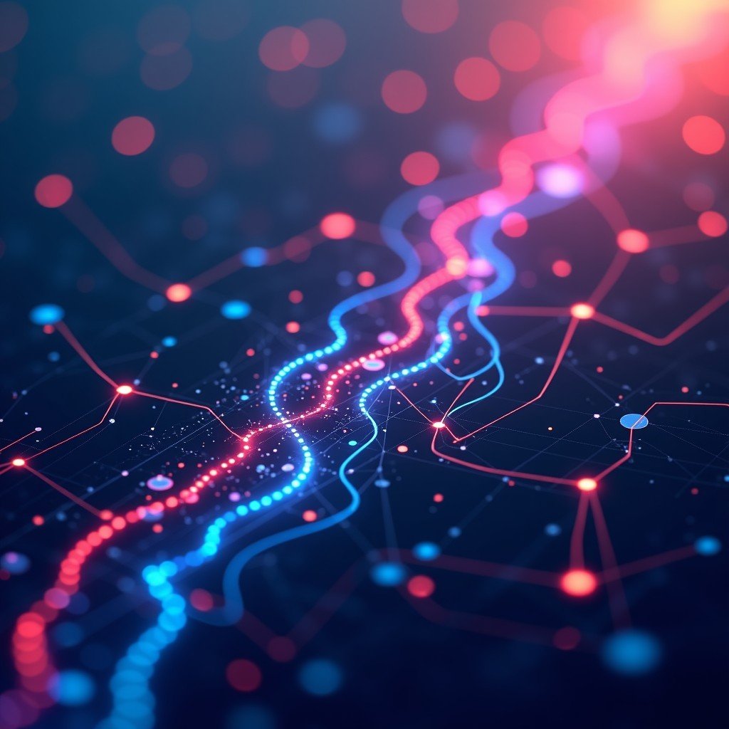 Conceptual art of digital information flow, interconnected nodes and strings, vibrant but clean colors, technological landscape, 4:3