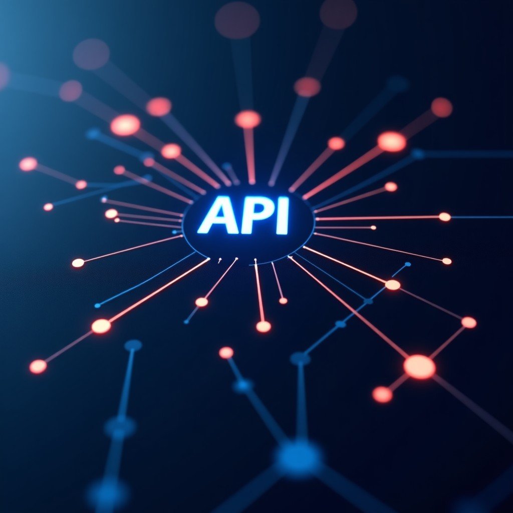 Abstract representation of software code flow and API connections, clean design, interconnected dots and lines, high-tech aesthetic, 4:3