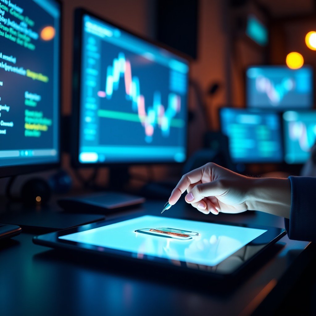 High-tech atmosphere with modern electronics, sharp focus on the tablet device, vibrant but professional colors, 4:3 ratio.