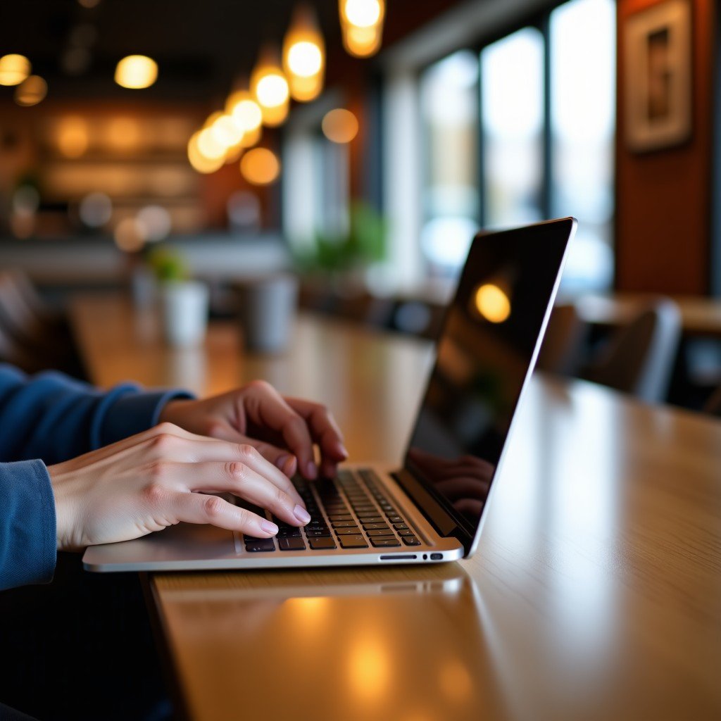 A person typing on a thin silver laptop in a cozy cafe, blurred background, soft ambient lighting, natural atmosphere, 4:3 aspect ratio
