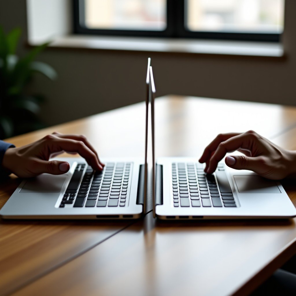 Close-up of hands comparing two thin modern silver laptops on a wooden table, soft natural daylight, minimalist aesthetic, 4:3