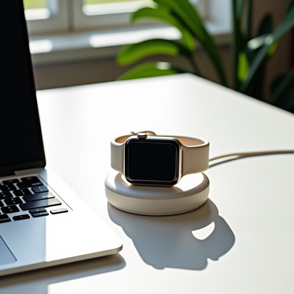 An Apple Watch series on a charging dock next to a notebook, clean white desk surface, bright sunlight, realistic style, 4:3