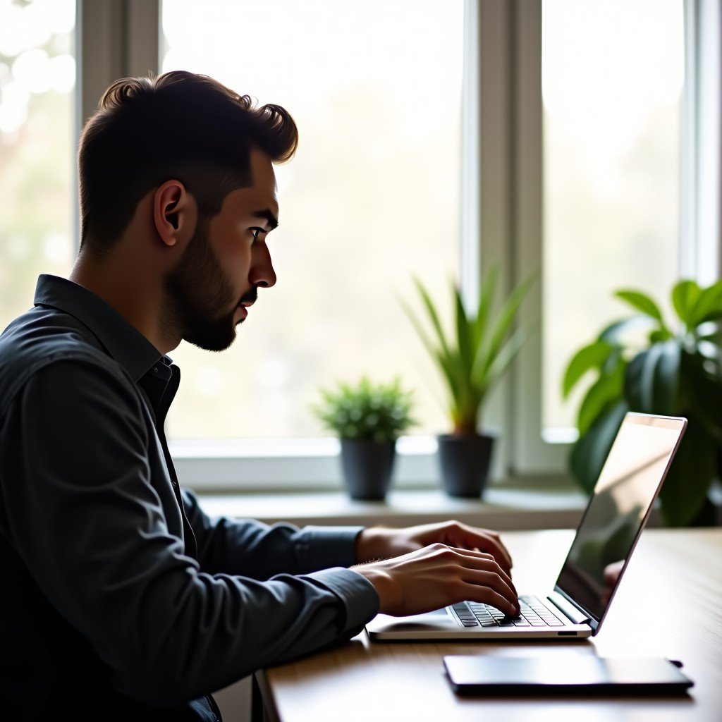 A professional working on a laptop at a bright aesthetic workspace, side view, focus on the clean design of the device, morning soft light, 4:3 aspect ratio.