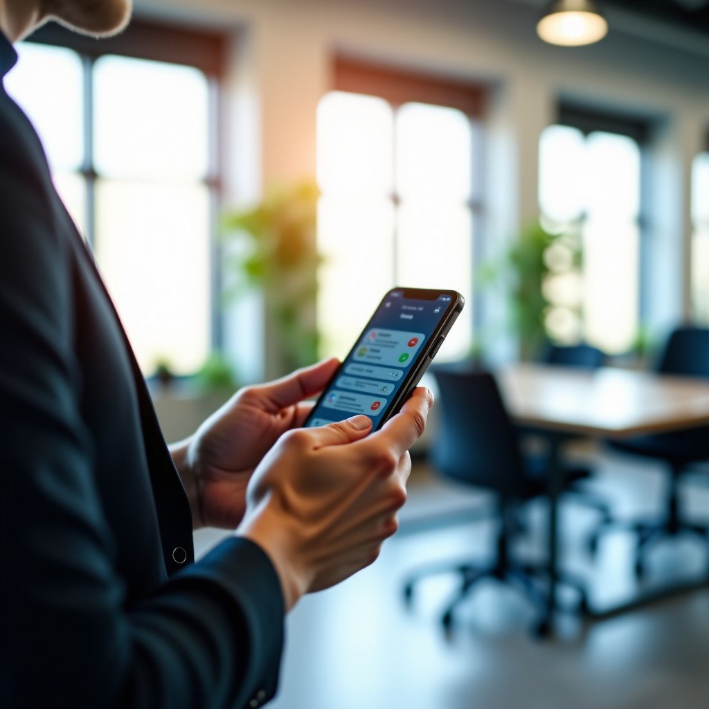 A person holding a modern smartphone in a bright, clean office environment, searching for apps, soft natural light, high-quality photography, 4:3 aspect ratio.