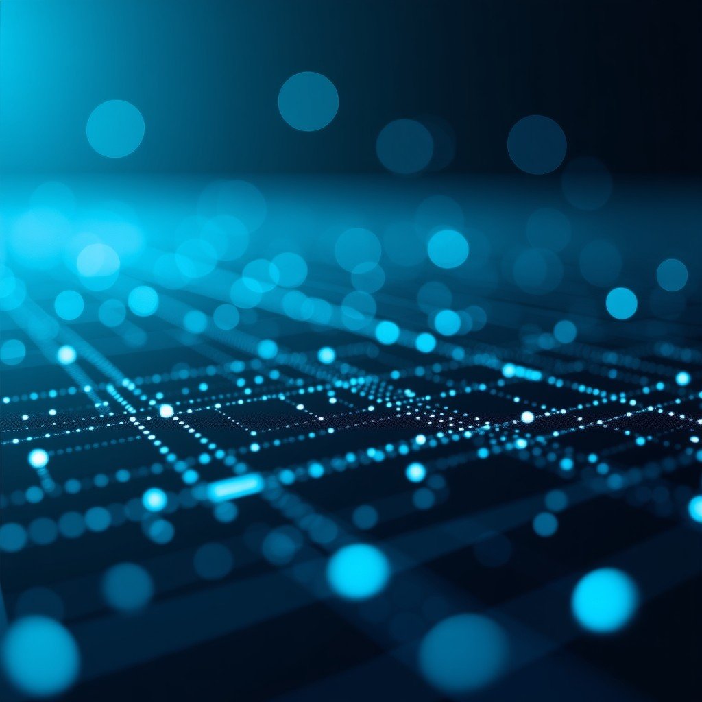 An abstract composition of digital code, glass textures, and soft focus light bokeh, representing the integration of AI into everyday technology, high contrast and depth, 4:3 aspect ratio.