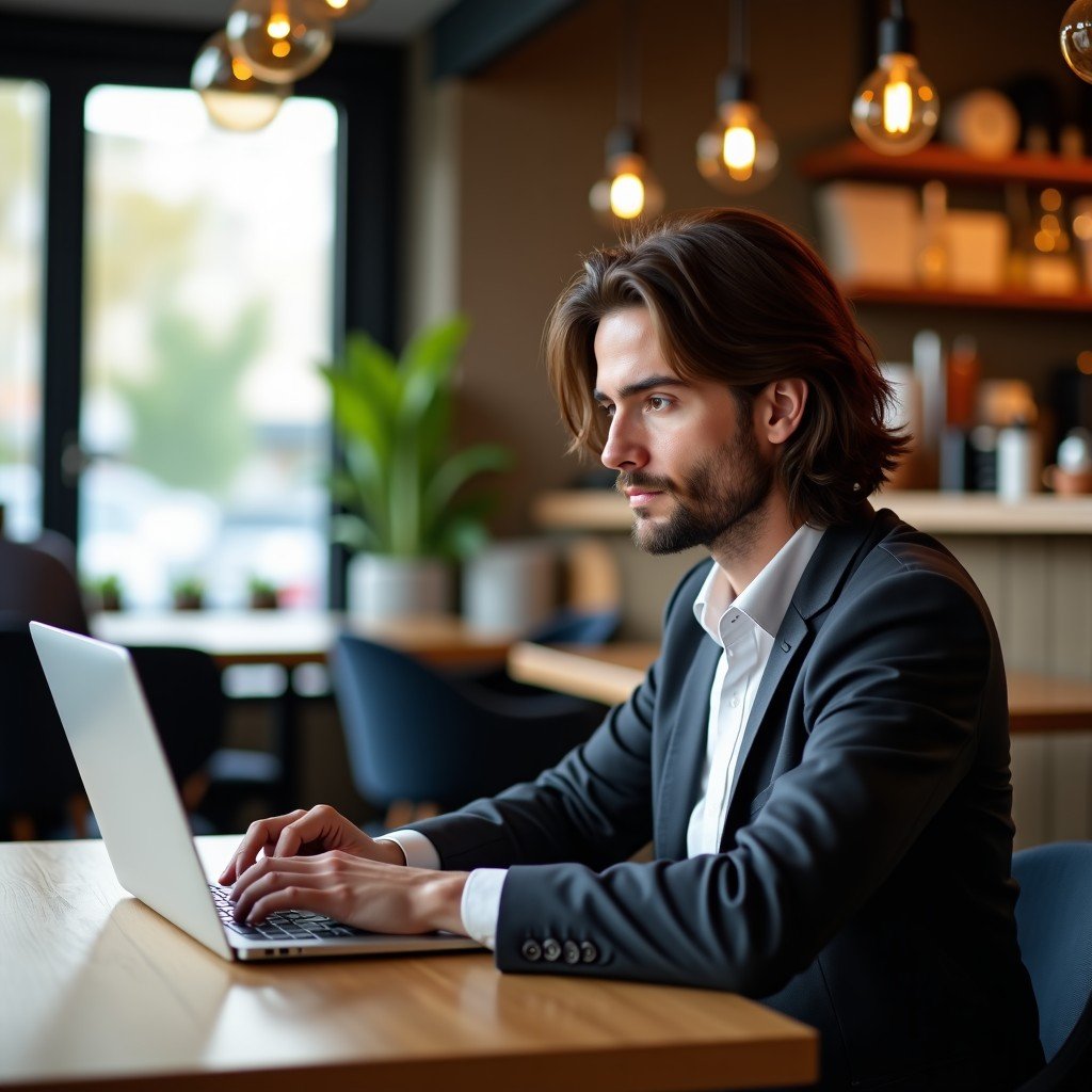 A professional person working on a laptop in a cozy modern cafe, focused expression, blurred background, realistic lifestyle photography, 4:3