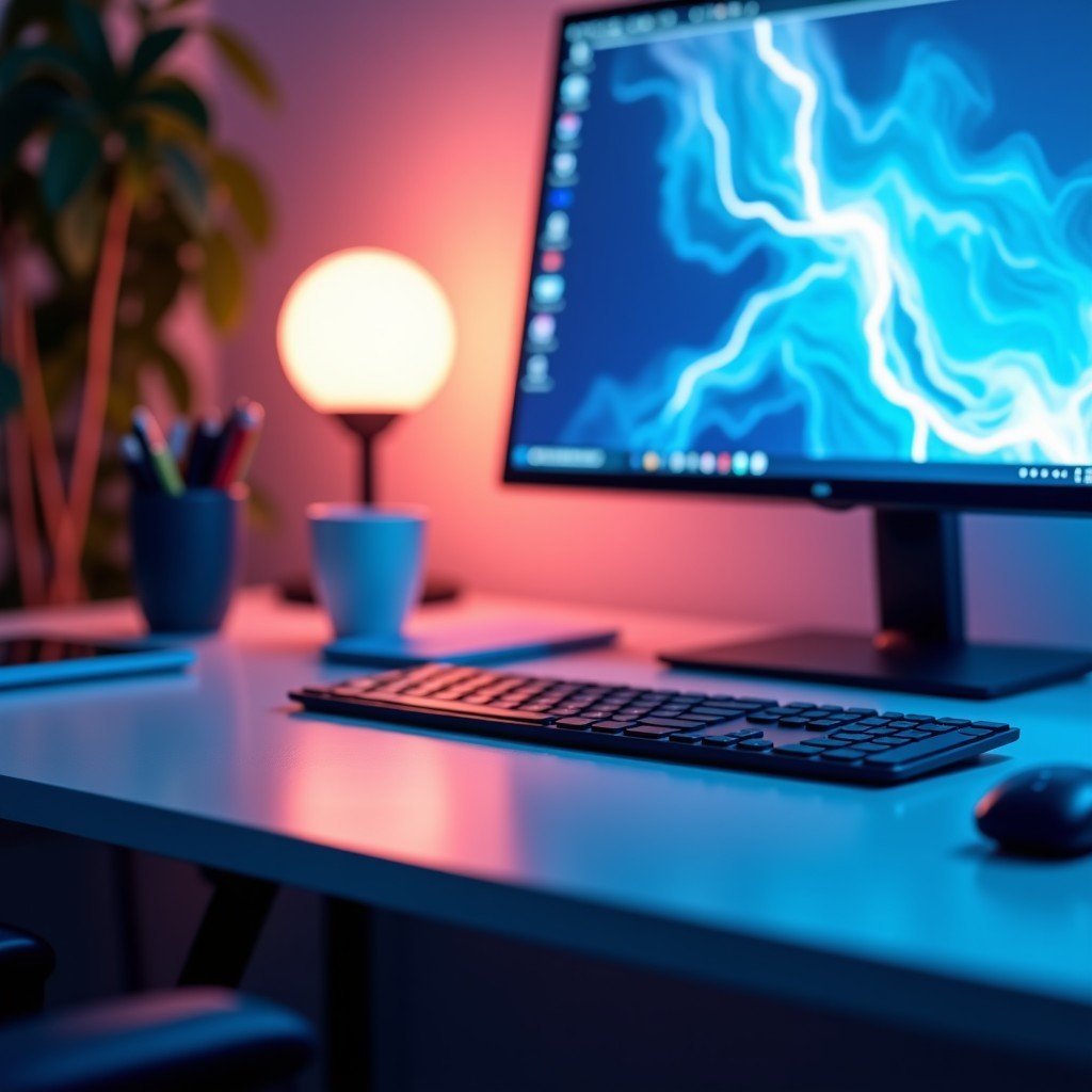 An abstract composition of professional creative tools, clean desk space with subtle textures, cinematic lighting, high-end photography, 4:3