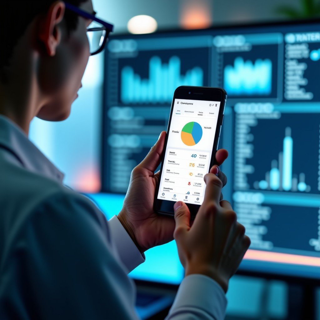 Professional tech laboratory environment with blurred background, focusing on a smartphone screen showing performance charts, daylight illumination, realistic, 4:3.