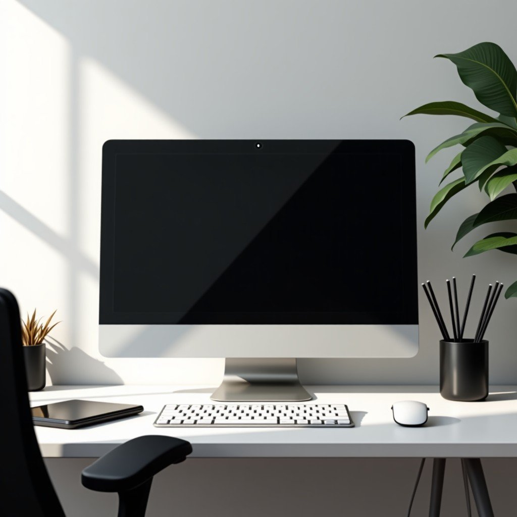 A minimalist desk setup with a sleek computer, focus on clean lines and professional tech aesthetic, natural daylight, photorealistic, 4:3 aspect ratio