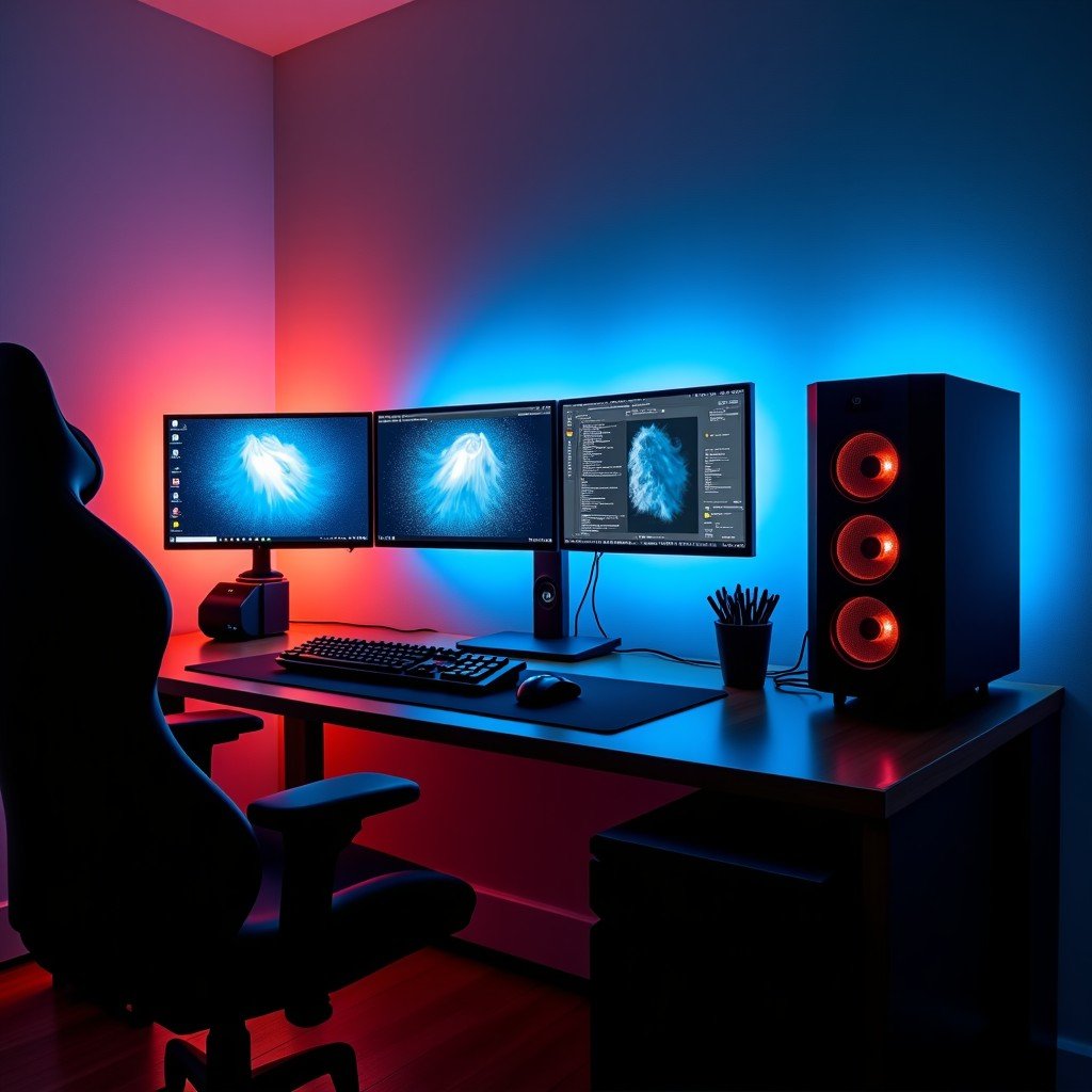 A high-end workstation setup with multiple displays and a powerful computer, moody lighting, modern interior, professional photography, 4:3 aspect ratio