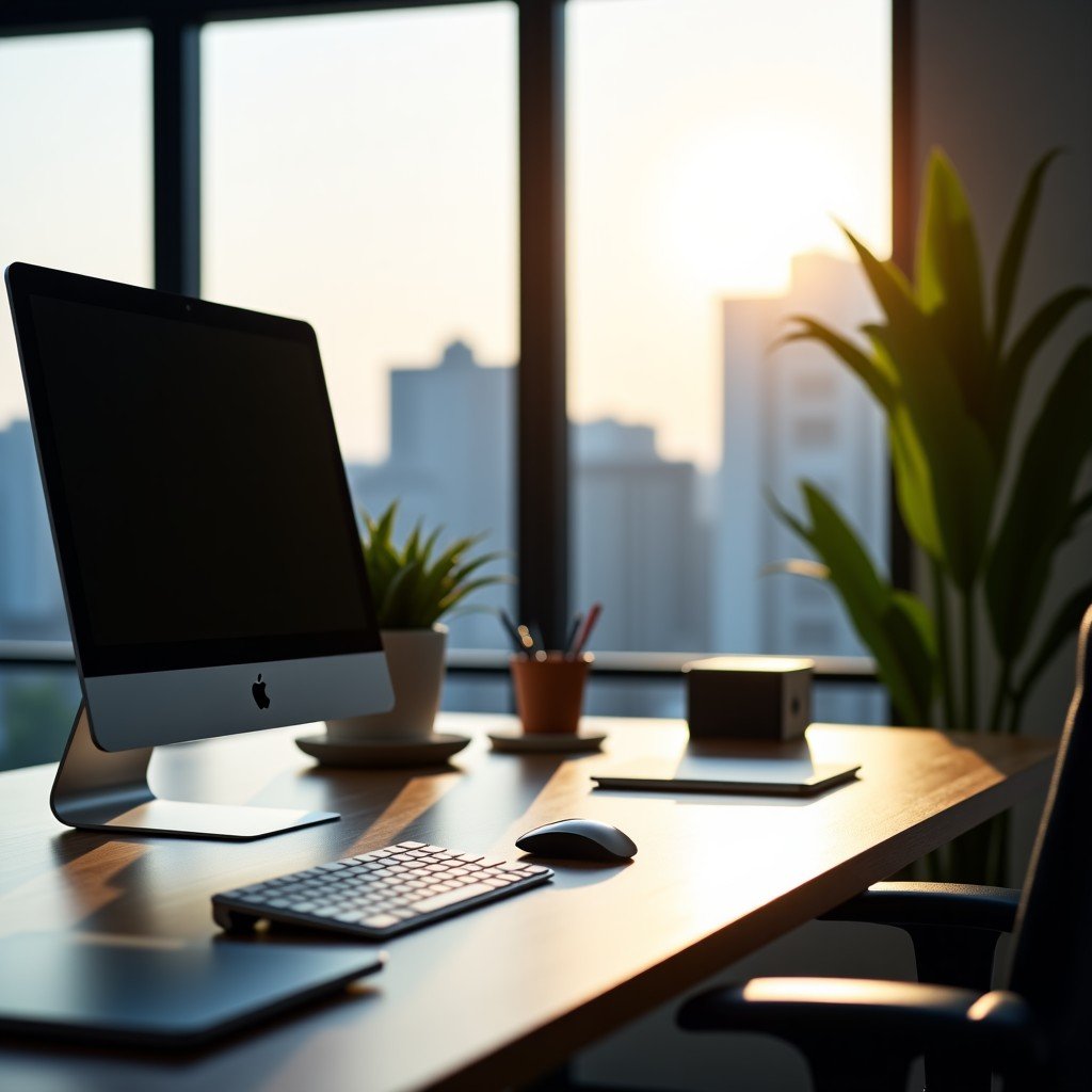 A well-organized, modern, and high-end office desk with technology, natural afternoon light, high resolution, professional photography, 4:3 aspect ratio