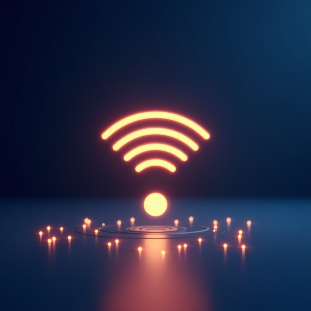Minimalist setup showing a wireless connection concept with glowing light particles, high tech vibe, abstract background, 4:3