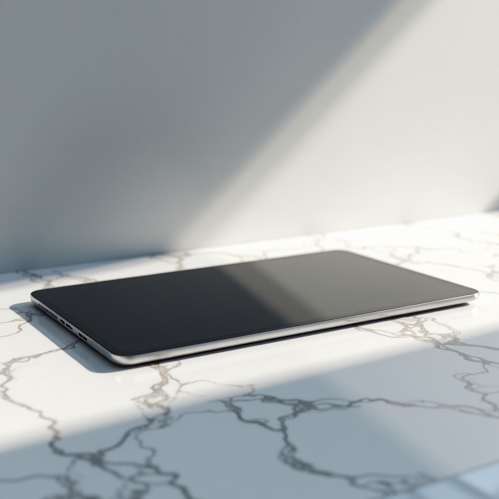 A side view of a slim tablet on a minimalist marble surface, high quality industrial design photography, cinematic lighting, 4:3