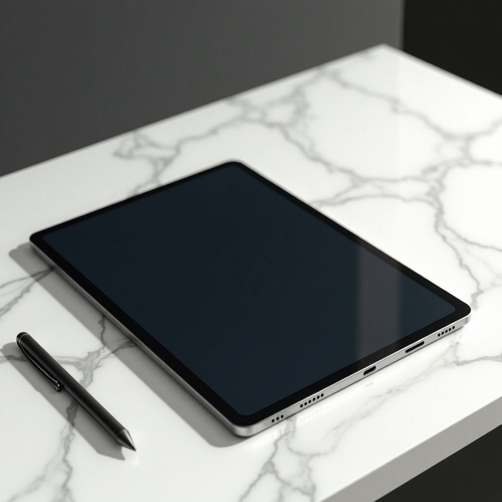 A professional tablet resting on a clean marble surface with a stylus pen nearby, minimalist aesthetic, high quality, soft daylight, 4:3.