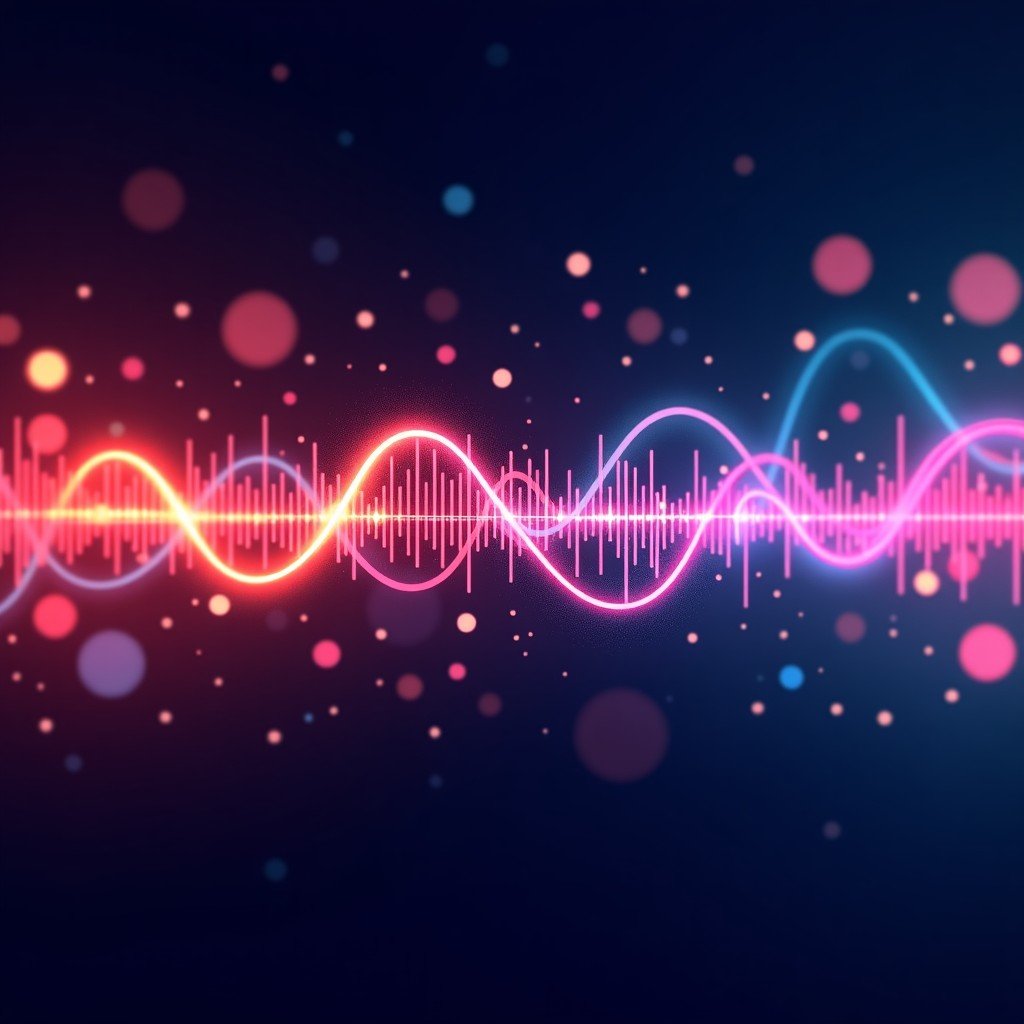 Abstract representation of sound waves and digital music notes merging, vibrant colors, futuristic style, clean composition, 4:3