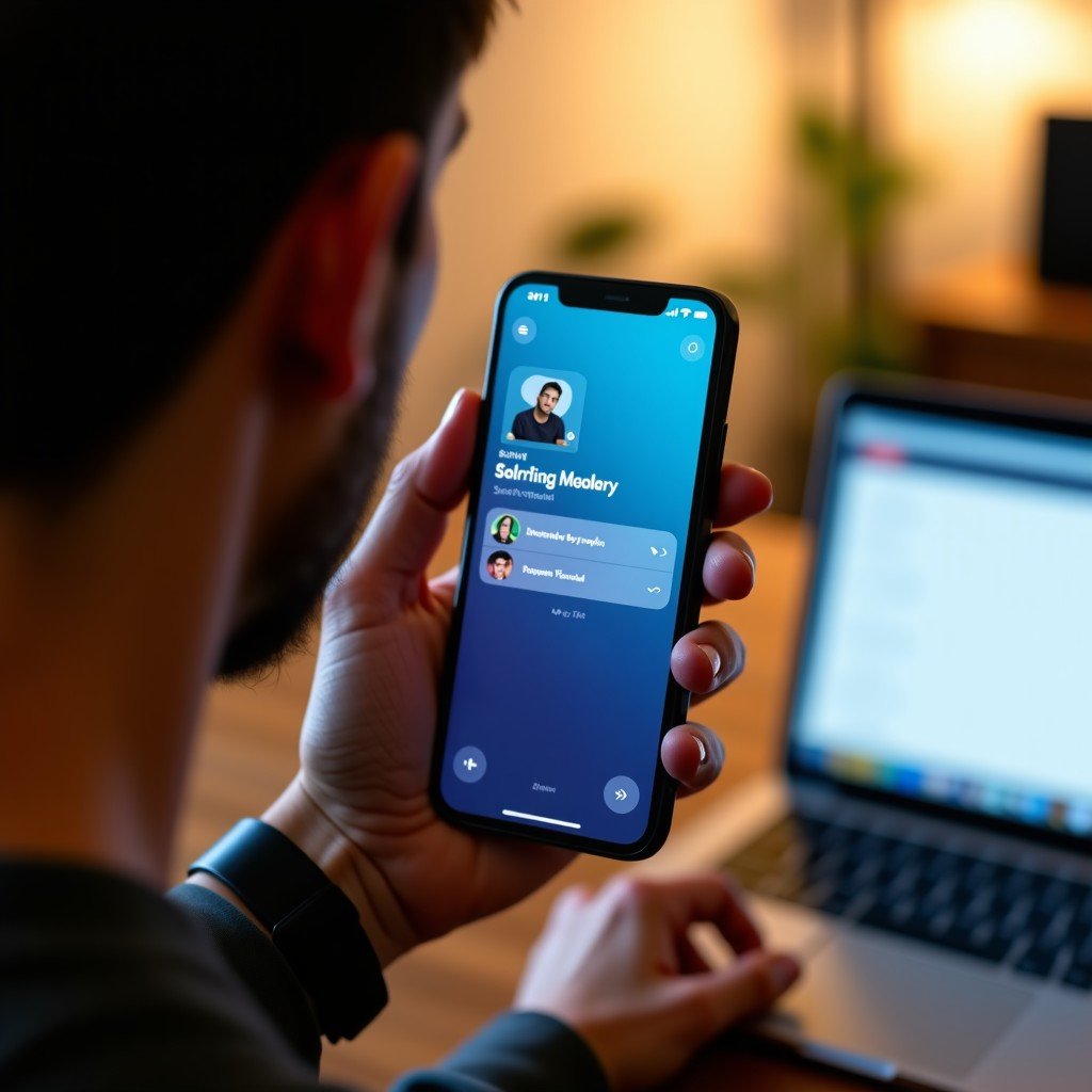 Modern smartphone screen displaying digital music interface, soft ambient light, indoor setting, professional photography, 4:3