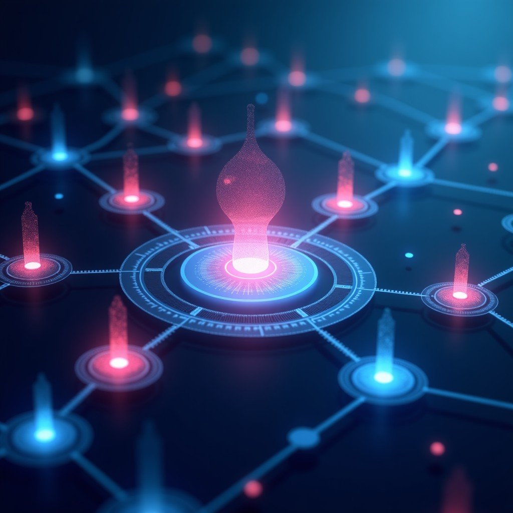 Conceptual art showing digital connectivity, glowing icons, musical elements, professional clean aesthetic, 4:3