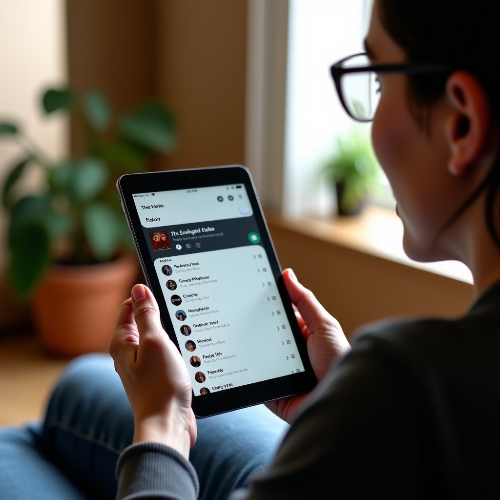 A person looking at a music recommendation list on a tablet, natural indoor lighting, cozy and modern environment, realistic style, 4:3 aspect ratio.