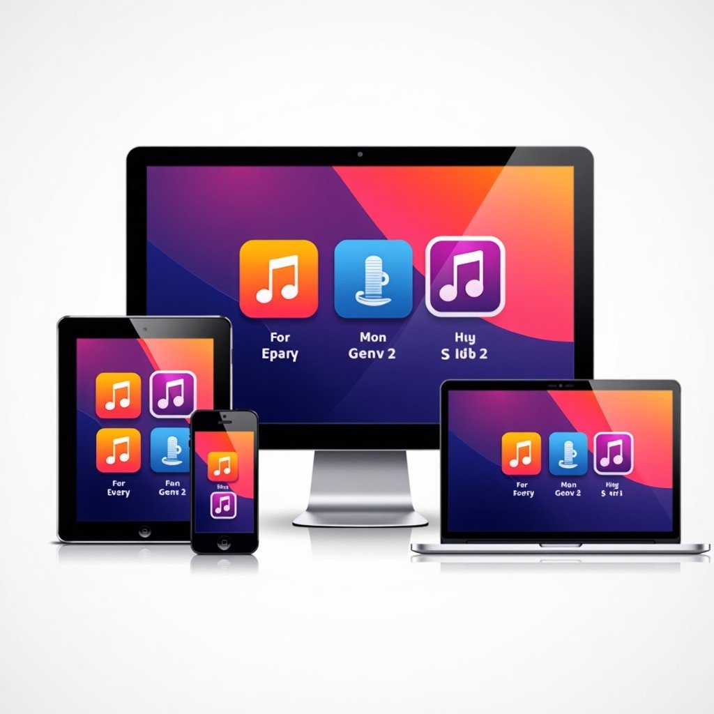 Diverse electronic devices including smartphone, tablet, and laptop displaying music app interfaces, vibrant and colorful, high resolution, 4:3 aspect ratio.