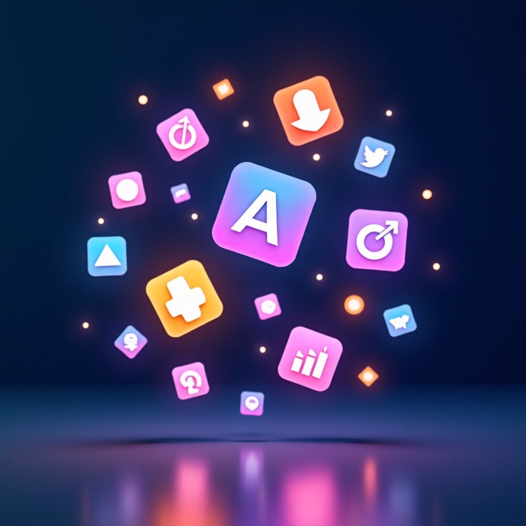 Conceptual art showing multiple floating digital icons representing various AI apps, tech-focused, vibrant but balanced colors, professional photography style, 4:3 aspect ratio.