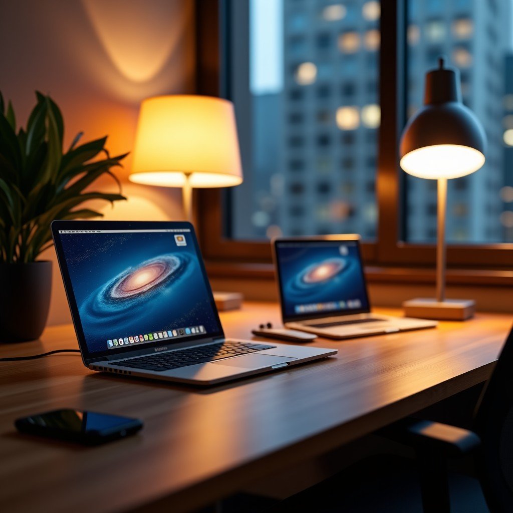 Modern sleek office desk with a laptop and digital devices, warm ambient lighting, highly detailed, realistic, 4:3 aspect ratio.