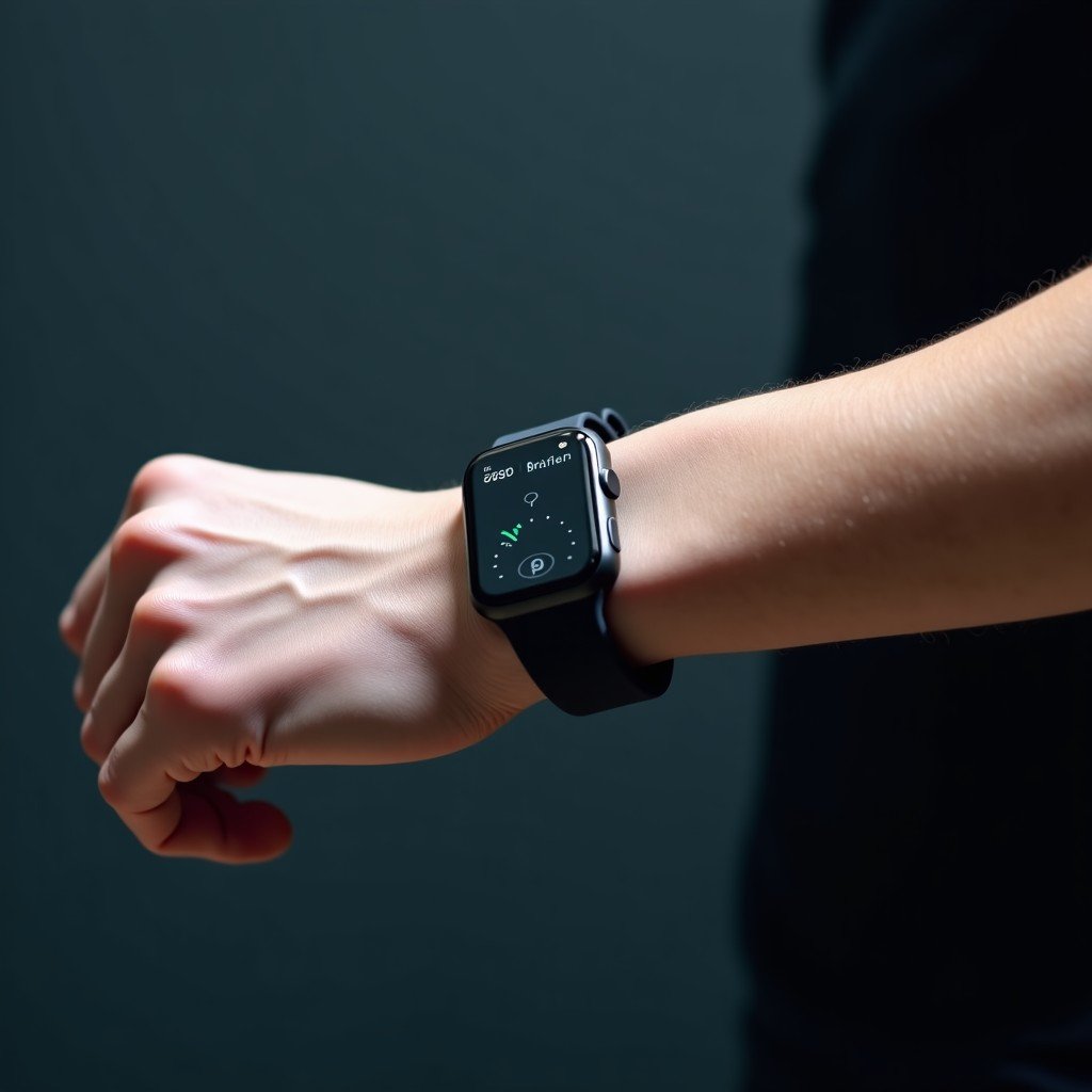 A close-up of a person wearing a sleek wristband sensor monitoring muscle activity, motion capture dots on hand, soft professional lighting, 4:3 aspect ratio.
