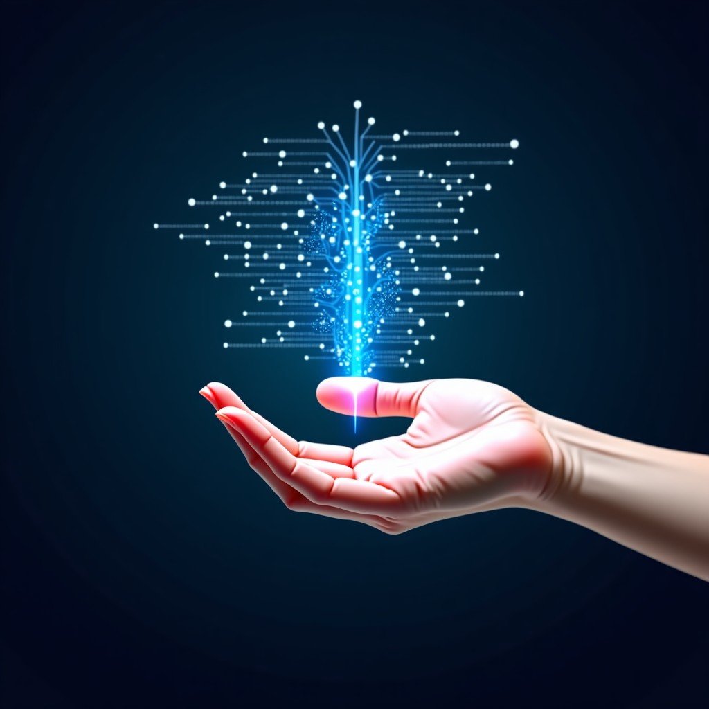 Abstract representation of neural network layers merging with sensor signal graphs, data flowing into a digital hand, modern and clean, 4:3 aspect ratio.