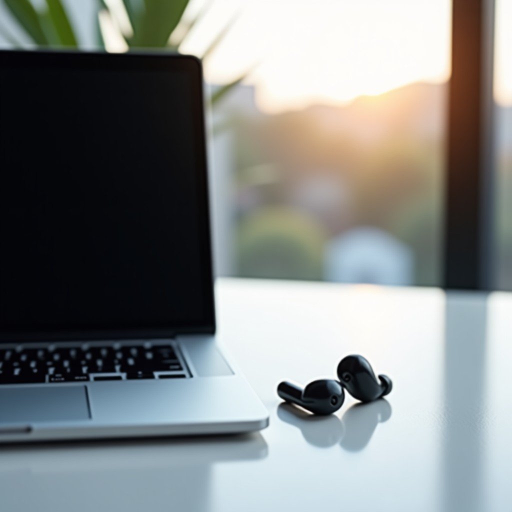 A clean and modern high-end office desk setup featuring a sleek silver laptop and wireless earbuds with soft natural lighting from a nearby window, high resolution, minimalist aesthetic, 4:3 aspect ratio.