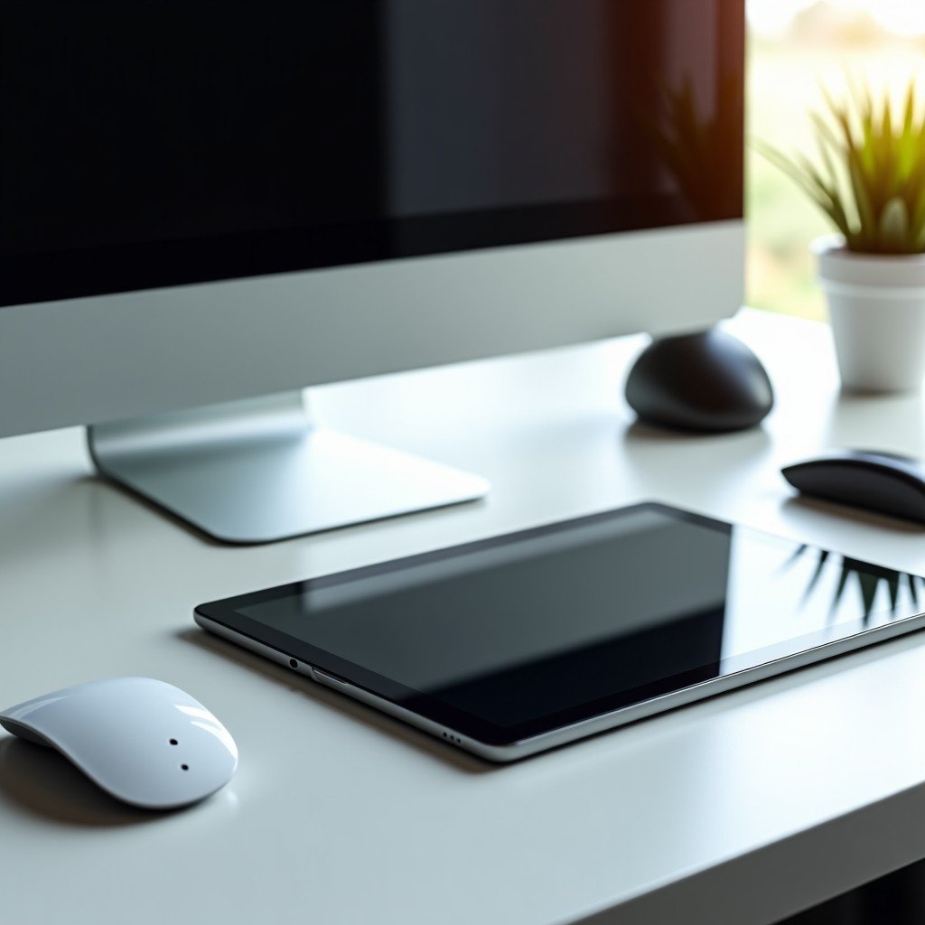 A professional workspace with a tablet and accessories, clean modern desk, professional atmosphere, neutral colors, 4:3 aspect ratio.