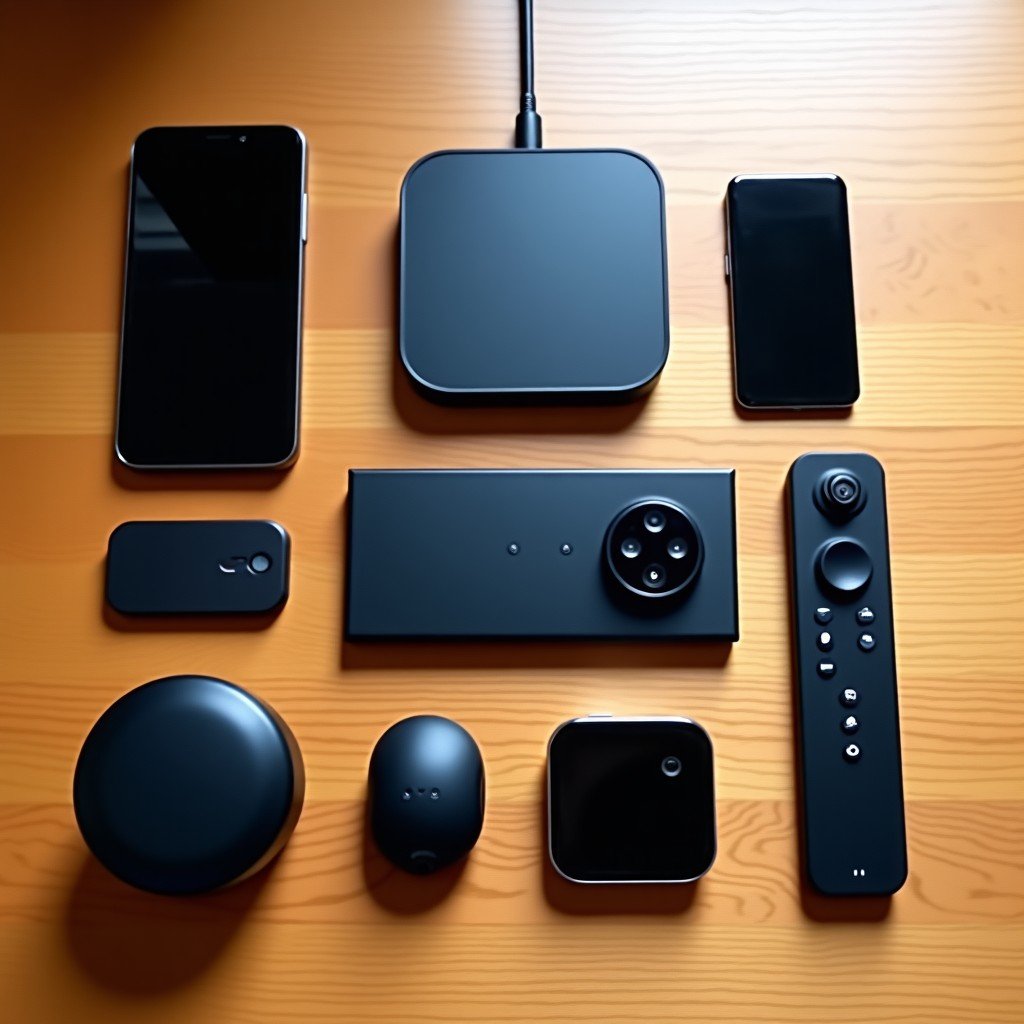 A neatly arranged collection of modern electronic devices on a wooden surface, high quality, professional photography style, 4:3 aspect ratio.