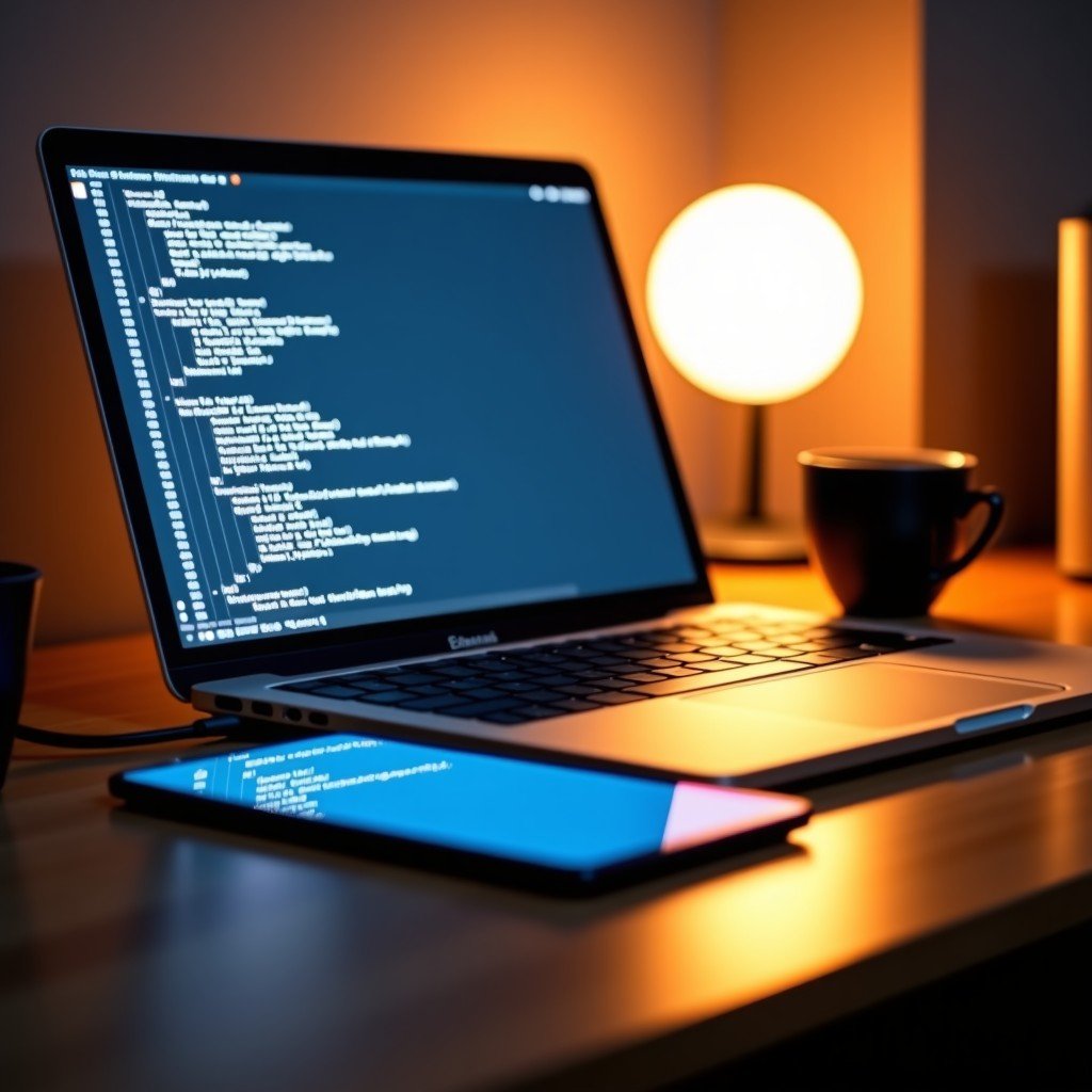 A clean and organized modern desk with a laptop and a tablet showing code, minimalist aesthetic, warm lighting, 4:3