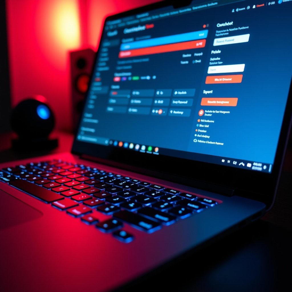 Close up shot of a laptop screen displaying high performance gaming interface, sharp focus, ambient light, 4:3