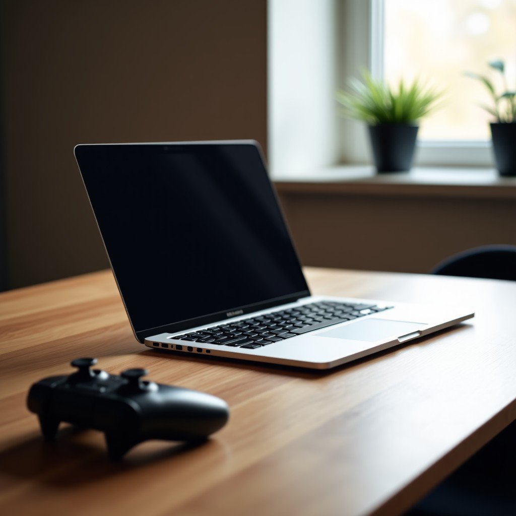 Sleek laptop on a wooden desk with a controller nearby, clean aesthetic, depth of field, 4:3