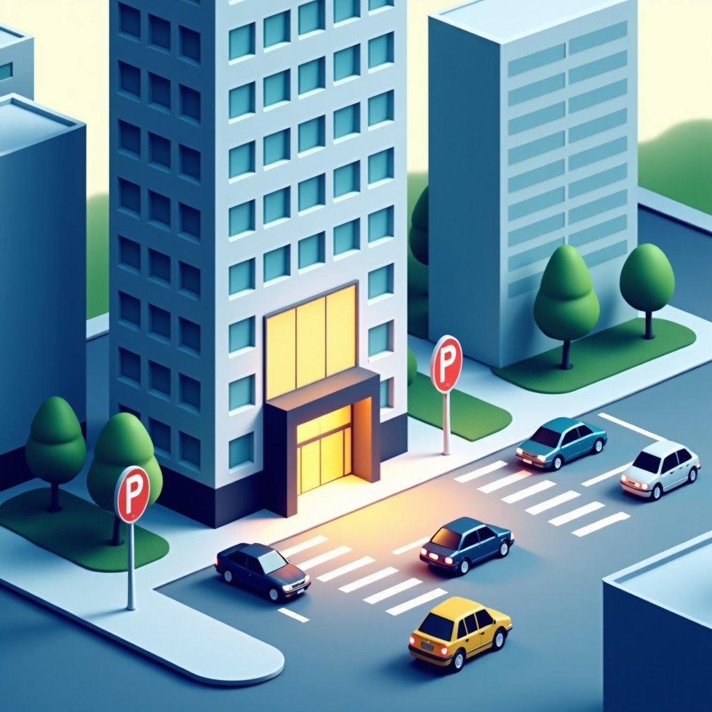 Navigation display showing a building entrance and highlighted parking spots in a city environment, modern intuitive interface, 4:3