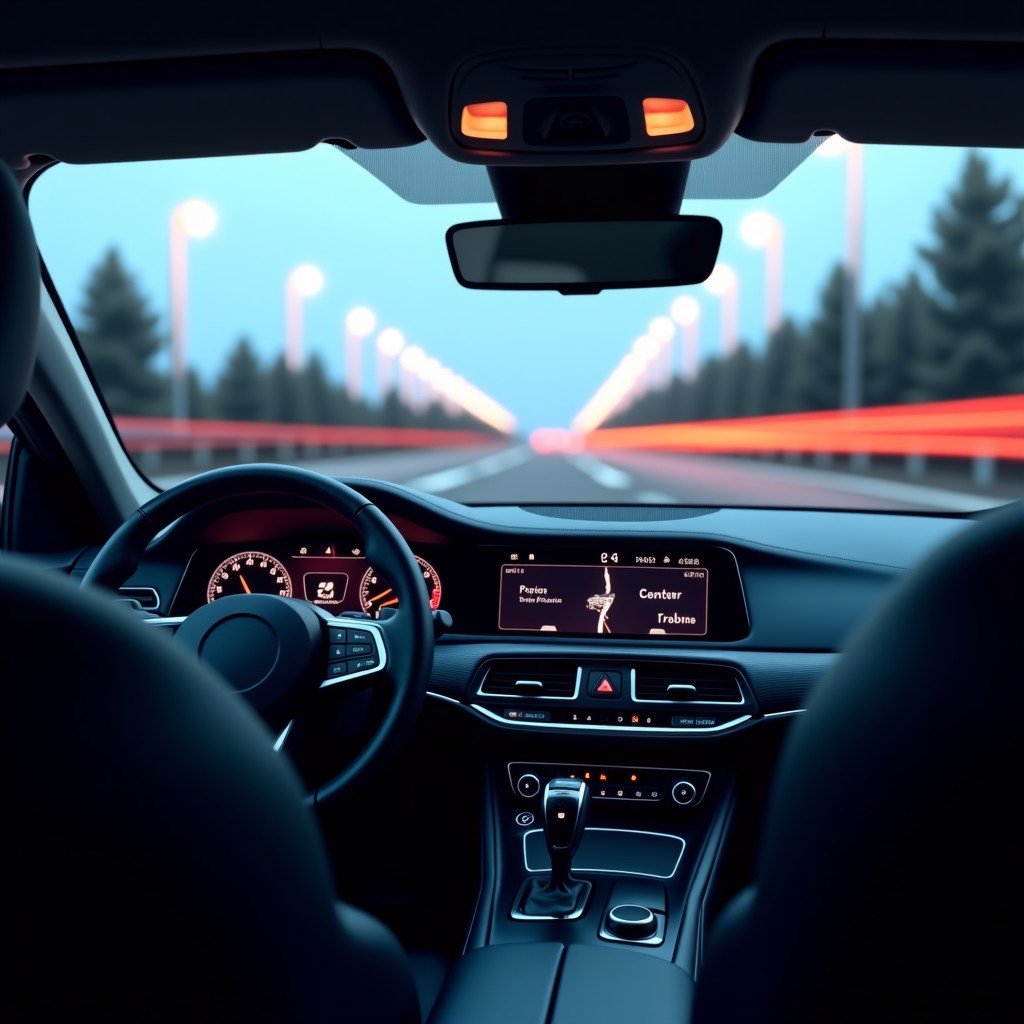 Interior of a modern car with a digital dashboard display showing a clear route, cinematic lighting, realistic high-quality photography, 4:3