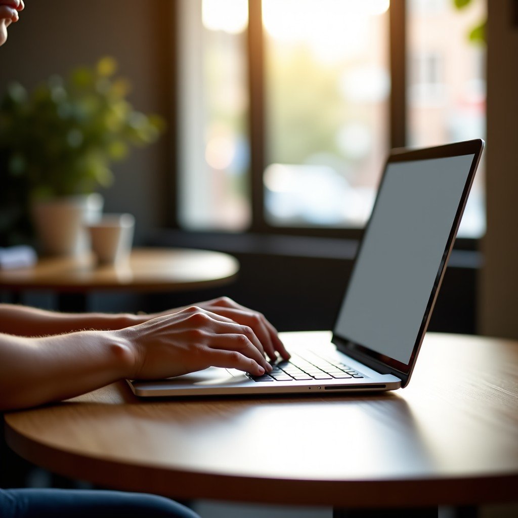 A person using a thin aluminum laptop in a modern bright cafe, natural sunlight, soft blurred background, aesthetic lifestyle photography, 4:3 aspect ratio.