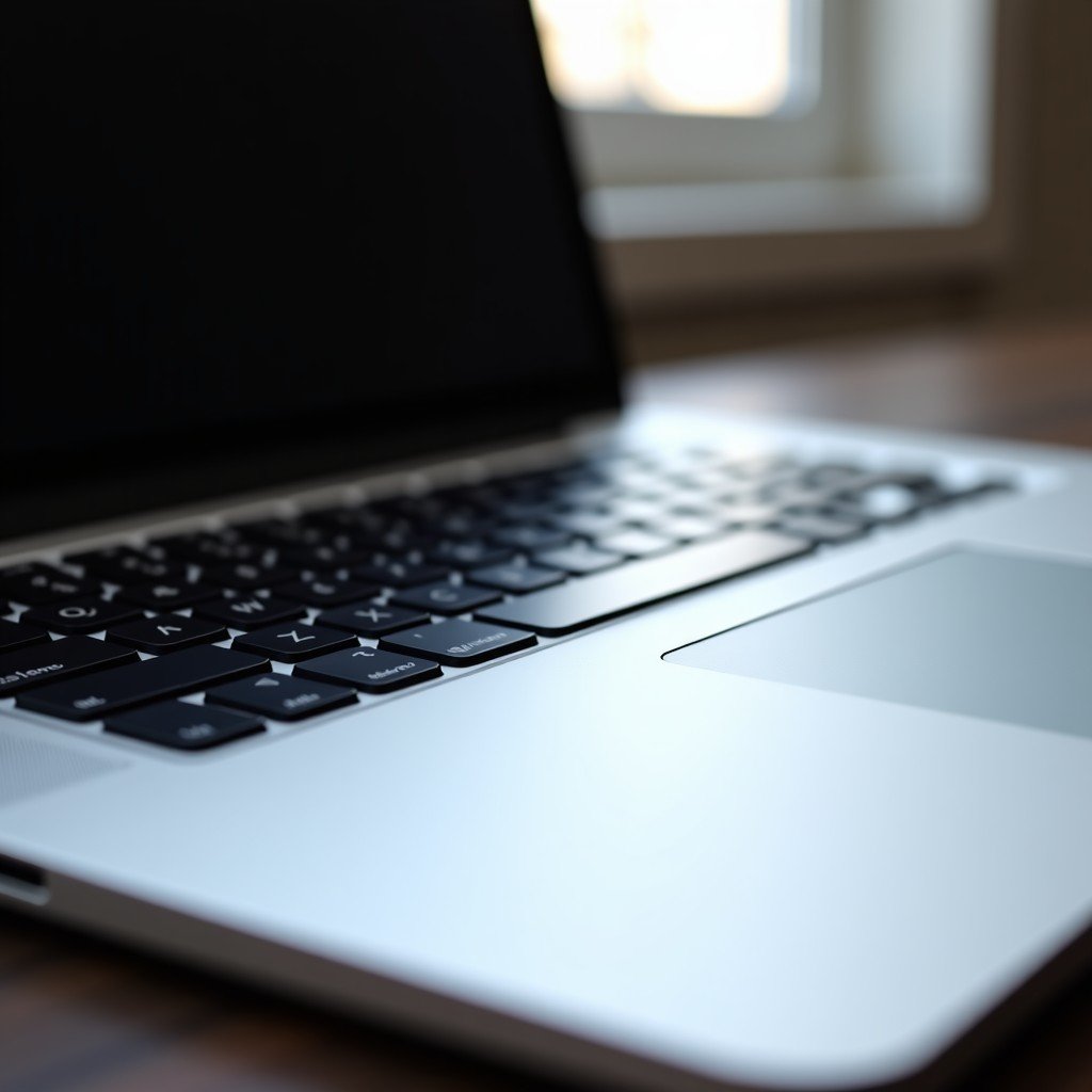 Close-up of a modern laptop keyboard and trackpad, soft lighting, sharp focus on the aluminum texture, premium tech aesthetic, 4:3 aspect ratio.
