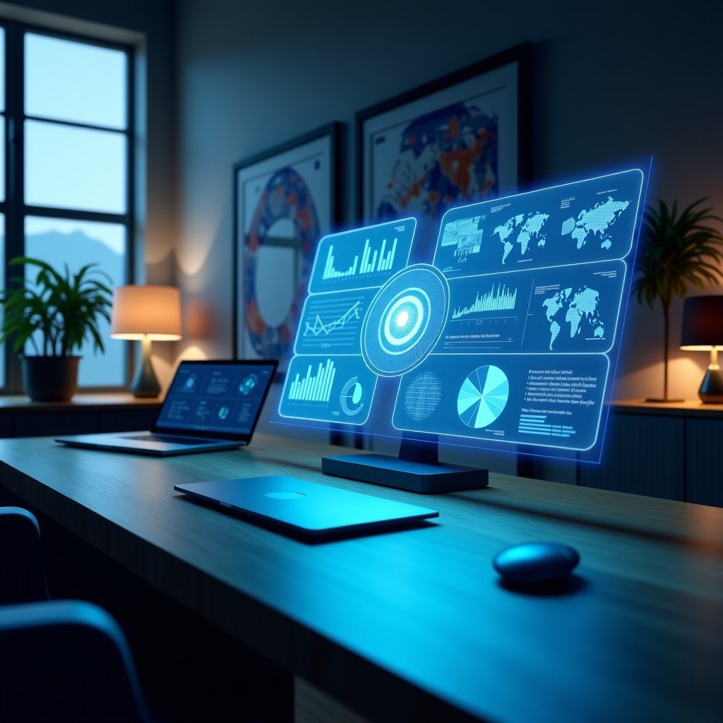 A professional workspace showing a sleek AI interface generating dynamic interactive charts and diagrams on a holographic display, 4:3 aspect ratio.