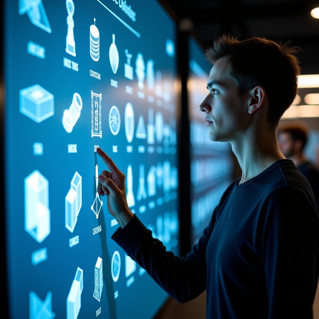 A student interacting with a touch-screen display showing evolving geometric shapes and scientific models, cinematic lighting, 4:3 aspect ratio.