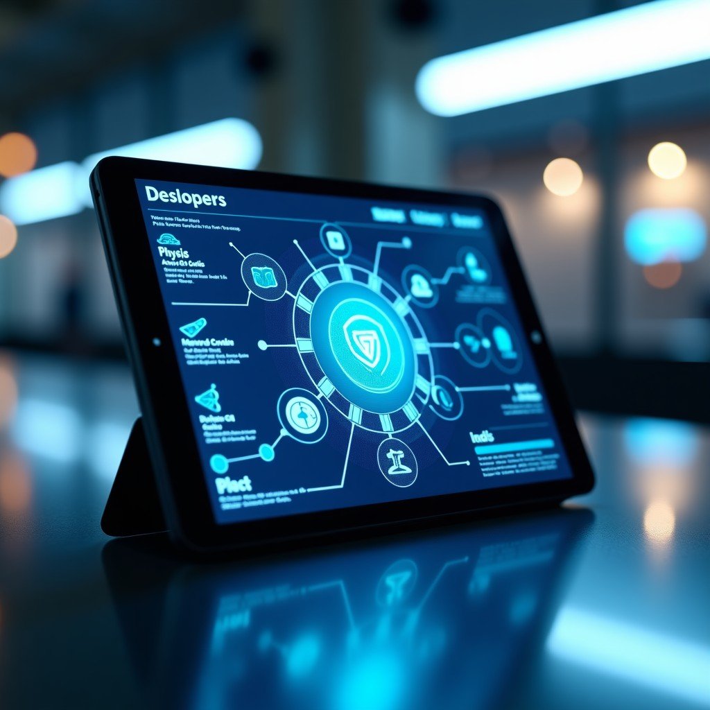 An advanced AI interface on a high-tech tablet screen displaying complex physics concepts with interactive elements, clean modern interior, 4:3 aspect ratio.